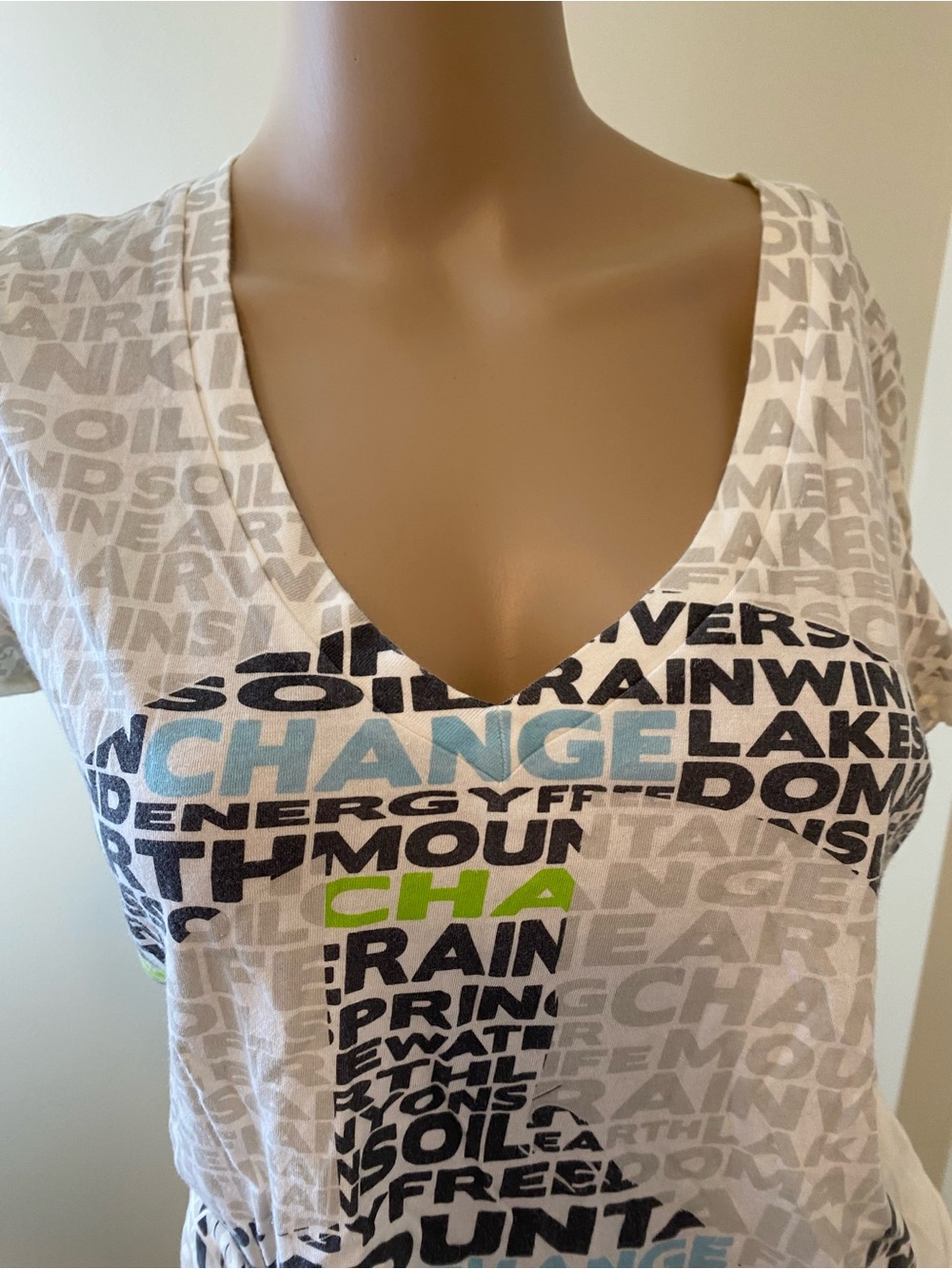 Lilu White V-Neck Graphic Tee with Blue and Lime Text